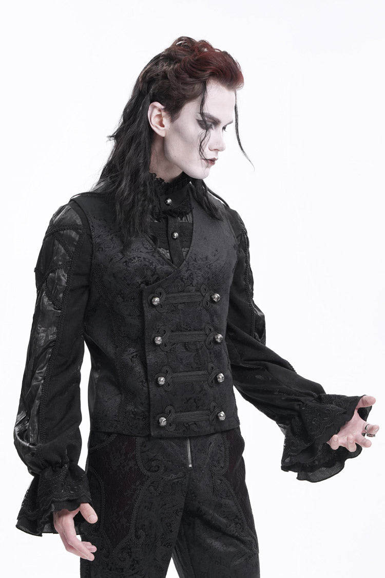 Black Sleeveless Floral Print Buckle-up Men's Gothic Vest - Product - 2