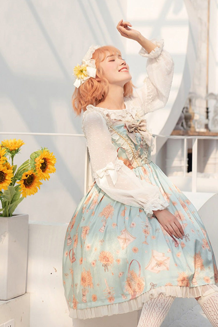Grünes Miss Sunflower, ärmellos, bedruckt, Rüschenschleife, süß (Kleid einzeln), Detailansicht 2