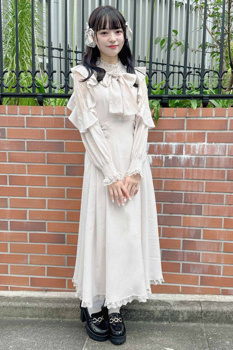 White Stand Collar Off Shoulder Long Sleeves Hollow Bowknot Slim Jirai Kei Japanese Dress - Product - 9
