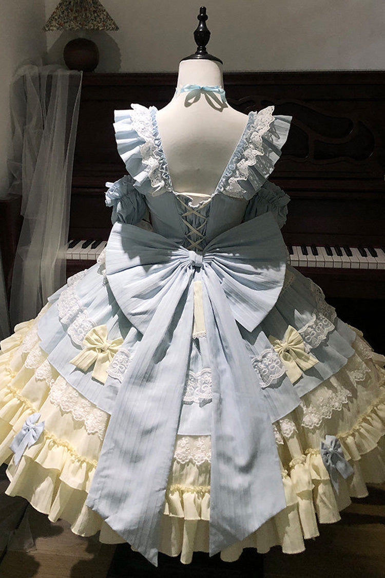 [Icy Blue Milky Wave] Square Collar Multi-Layered Printed Ruffled Bow Lace Sweet Lolita Dress Set - Product - 7