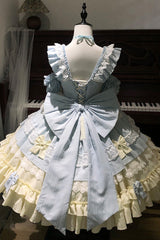 [Icy Blue Milky Wave] Square Collar Multi-Layered Printed Ruffled Bow Lace Sweet Lolita Dress Set - Product - 7