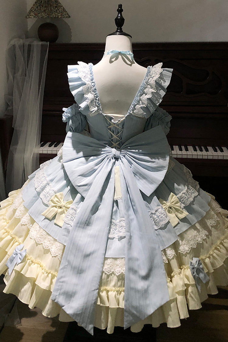 [Icy Blue Milky Wave] Square Collar Multi-Layered Printed Ruffled Bow Lace Sweet Lolita Dress Set - Product - 7