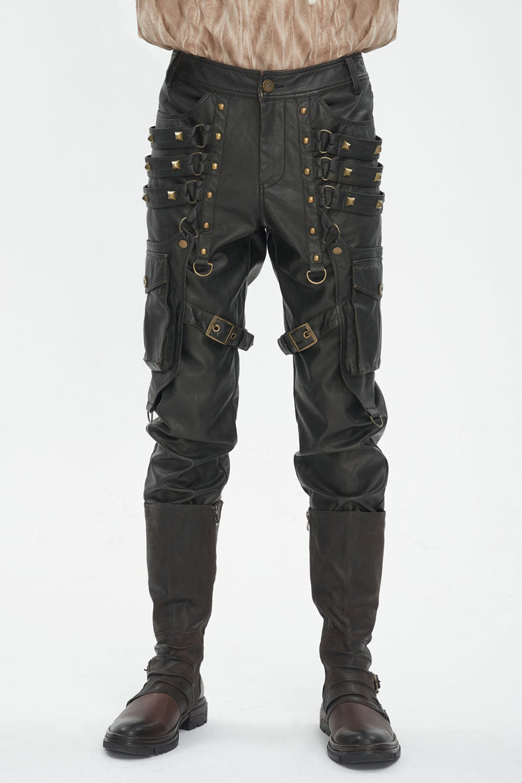 Black Big Pocket Bronze Studded Faux Leather Men's Gothic Pants - Black - 1