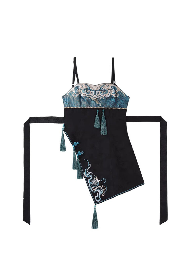 ブラック／ブルー [Misty Teal] 長袖 フリル Cut-Out 刺繍 アシンメトリー 中華風 クラシカルロリータ ジャンパースカート（JSK） セット 商品画像