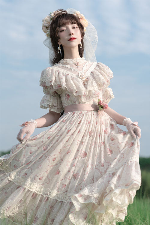 Elegant Vintage Rose Flowers Print Multi-Layer Embroidery Ruffled Sweet Lolita OP Dress - Product - 2