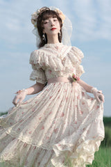 Elegant Vintage Rose Flowers Print Multi-Layer Embroidery Ruffled Sweet Lolita OP Dress - Product - 2