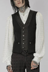 Black Punk Jacquard V-Neck Stitching Three Dimensional Engraving Hand Sewn Button Lace Short Men's Vest - Black - 1