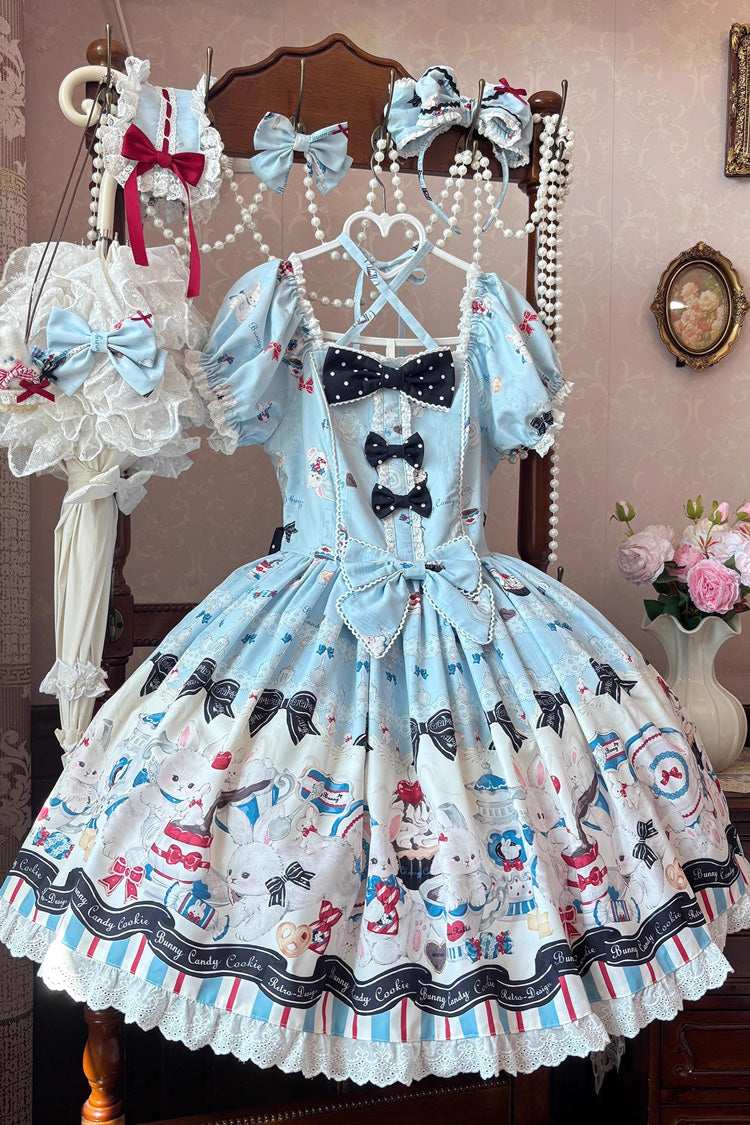 ブルー [Mystery Rabbit Tea Party] スクエアカラー 半袖 プリント フリル リボン レース スウィートロリータ ワンピース 商品画像