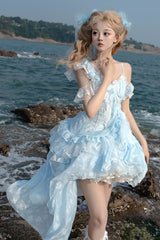 Blue [Summer of Bubbles] Sleeveless Ruffle Embroidery Lace Irregular Train Sweet Lolita Jsk Dress - Product - 3
