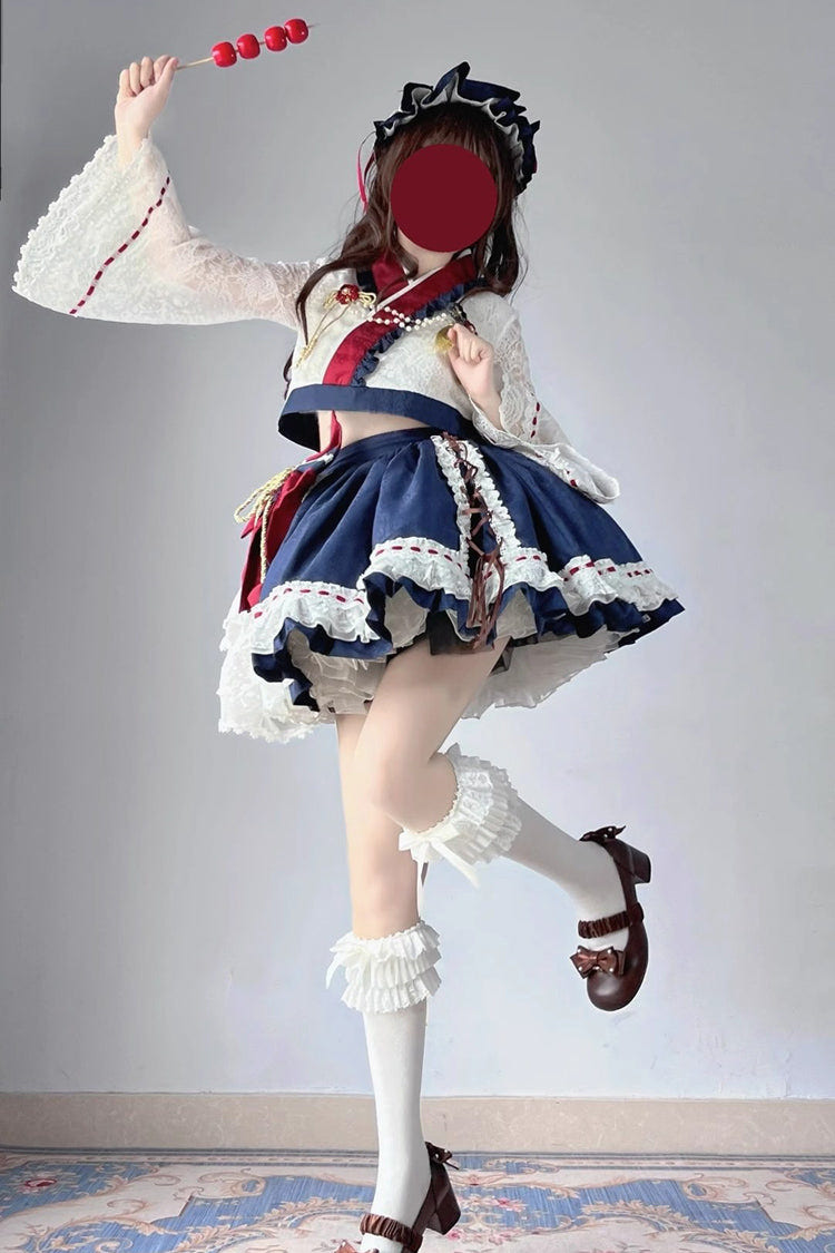 Red/White/Blue Hime Sleeves Ruffle Bowknot Japanese Princess Sweet Lolita Dress Skirt Set - Product - 2