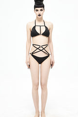 Black Four-Pointed Star Straps Women's Punk Swimsuit Suit - Product - 5