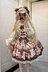 [Chocolate Brownie] Sleeveless Printed Ruffled Bow Lace Sweet Lolita Strap Dress 2 Colors - Beige - 2
