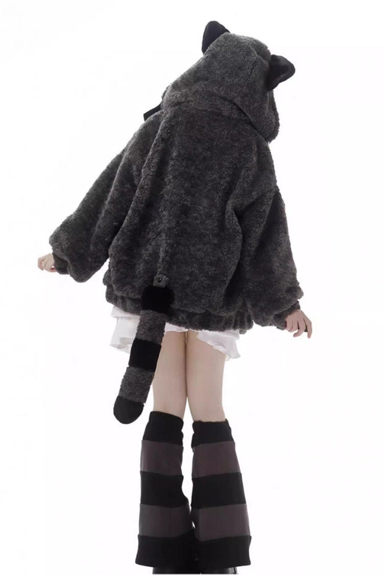 Black/Grey [Little Hibernating Bear] Long Sleeves Hooded Zippered Sweet Lolita Coat and Skirt Set - Product - 3