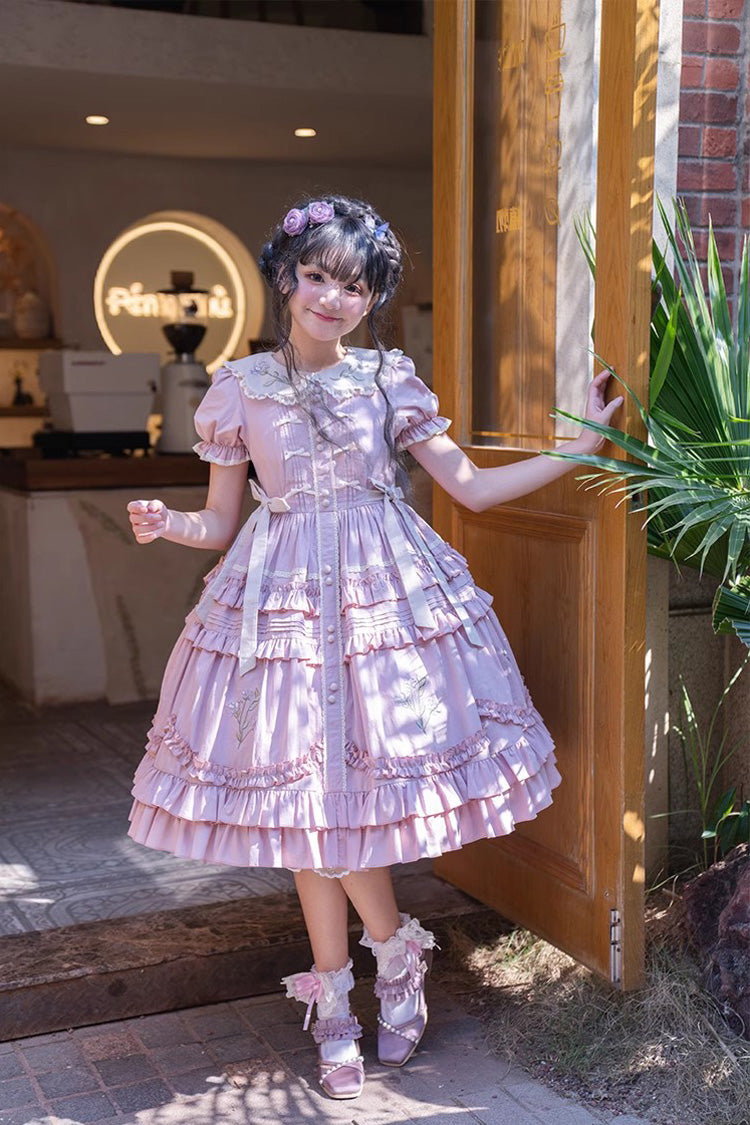 Pink Doll Collar Short Sleeves Iris Poem Print Ruffle Embroidery Sweet Lolita Dress - Product - 6