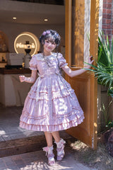 Pink Doll Collar Short Sleeves Iris Poem Print Ruffle Embroidery Sweet Lolita Dress - Product - 6