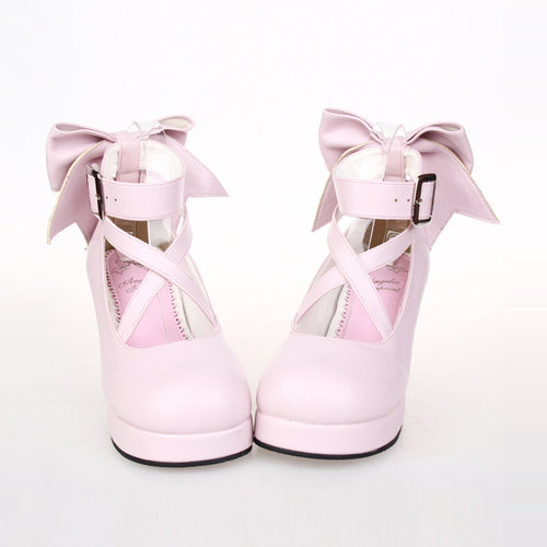Pure Color Cute Bowknot Sweet Lolita High Heel Shoes - Pink - 7