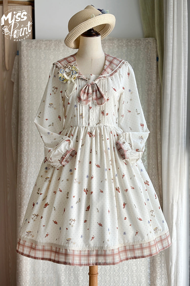 Ivory Sailor Collar Print Ruffle Bowknot Sweet Elegant Lolita Dress - Product - 5