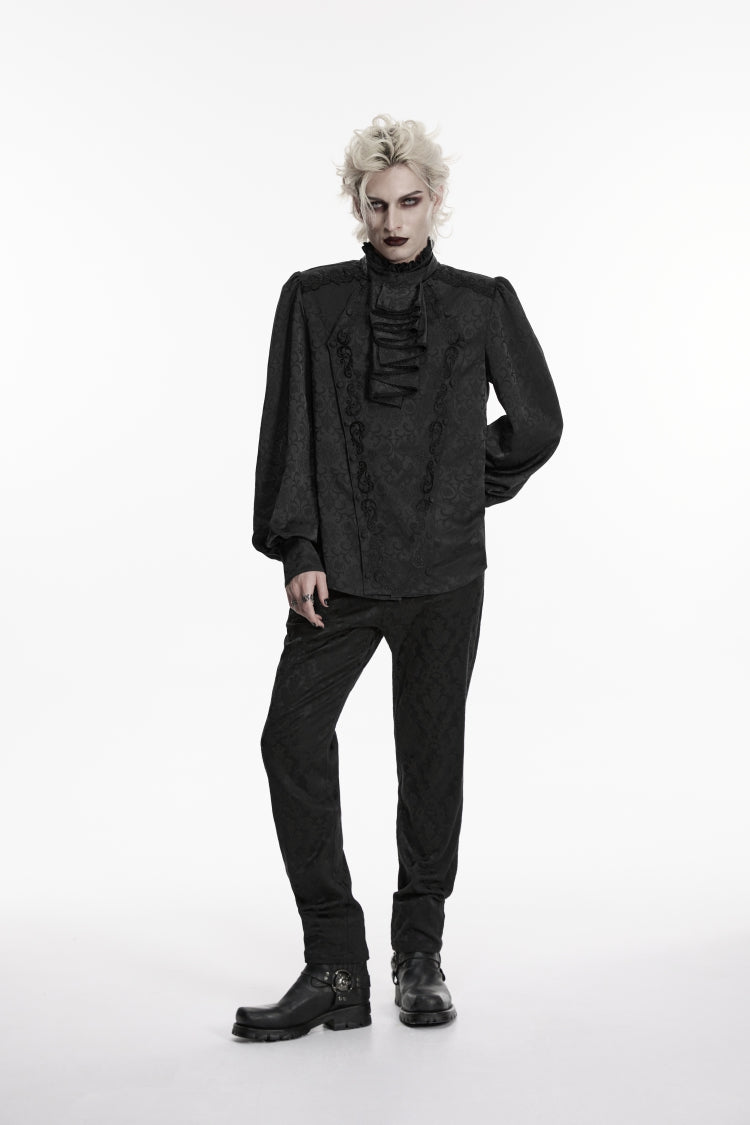 Black Stand Collar Long Lantern Sleeves Jacquard Embroidered  Men's Gothic Palace Shirt with Detachable Tie - Product - 5