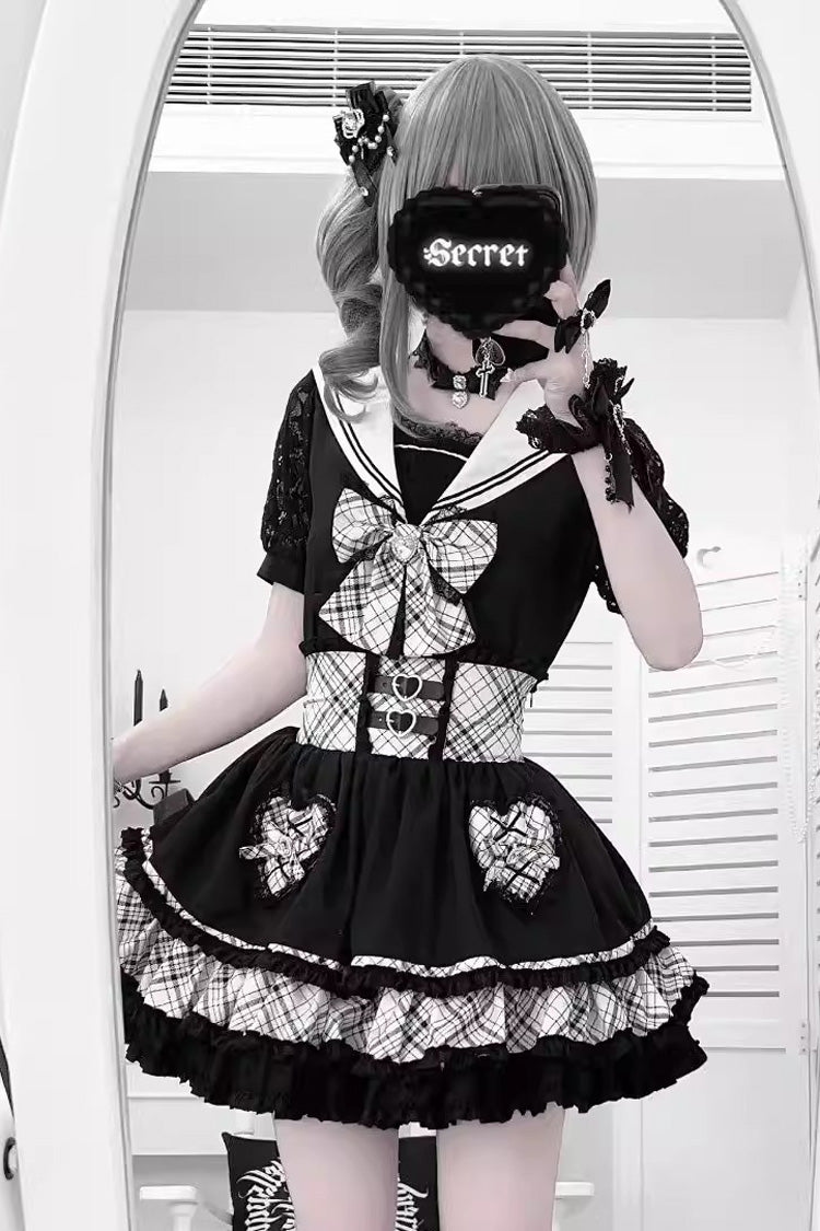 Black/White Navy Collar Short Sleeves Printed Ruffled Bow Jirai Kei Japanese Skirt and Blouse Set - Product - 2