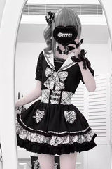 Black/White Navy Collar Short Sleeves Printed Ruffled Bow Jirai Kei Japanese Skirt and Blouse Set - Product - 2