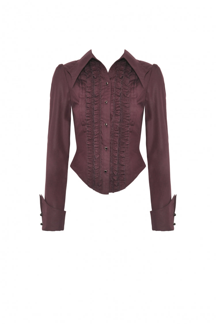 Wine Red Turn-down Collar Ruffled Long Sleeves Women's Gothic Blouse - Product - 3