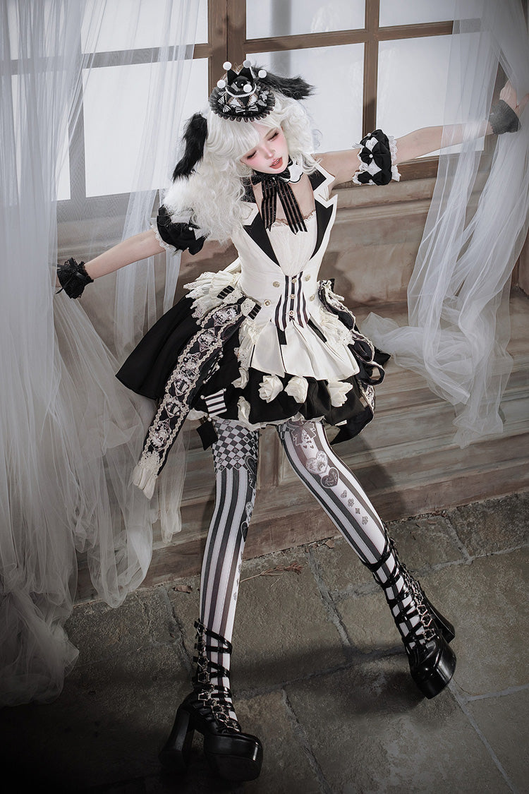 Black/White [Candy Cane] Sleeveless Printed Ruffled Bow Gothic Lolita Skirt Full Set - Product - 5