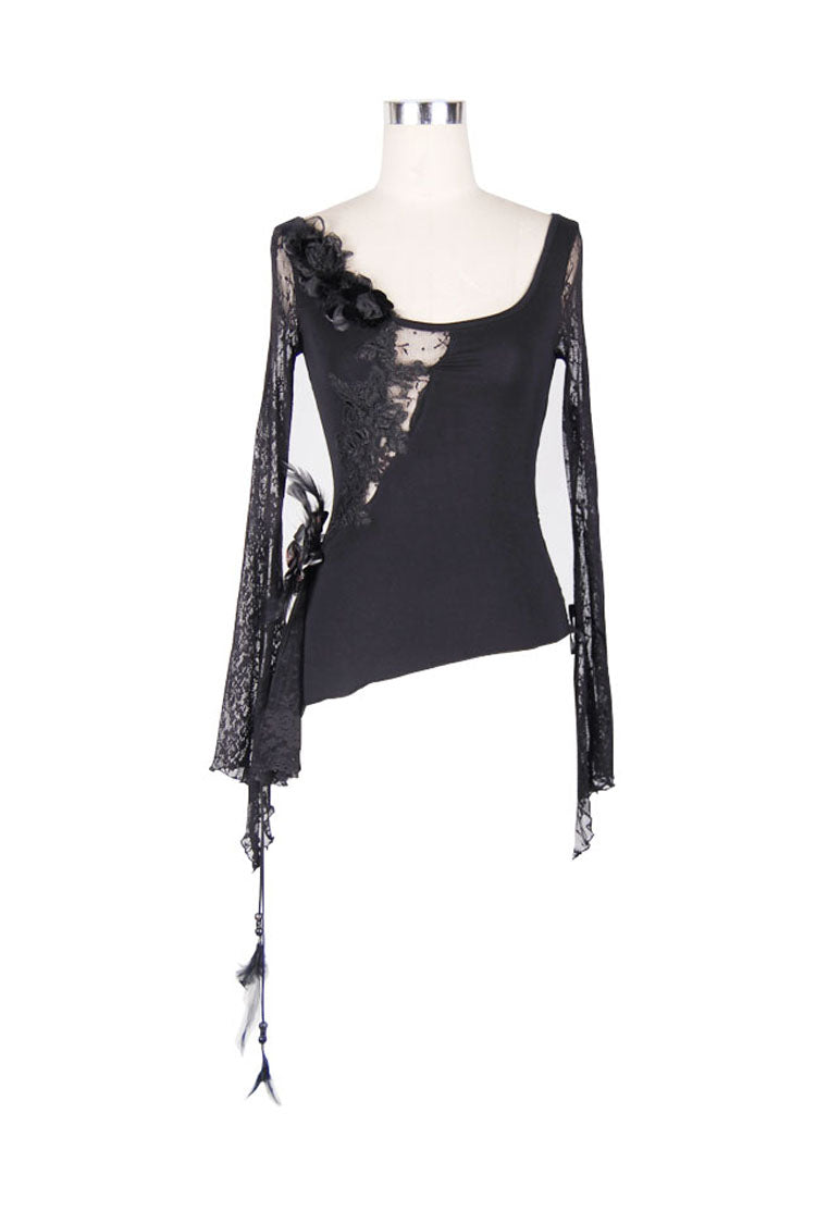 Black Front Chest Rose Decoration Flare Sleeve Irregular Lace Hem Knit Women's Gothic T-Shirt - Product - 6