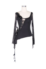 Black Front Chest Rose Decoration Flare Sleeve Irregular Lace Hem Knit Women's Gothic T-Shirt - Product - 6