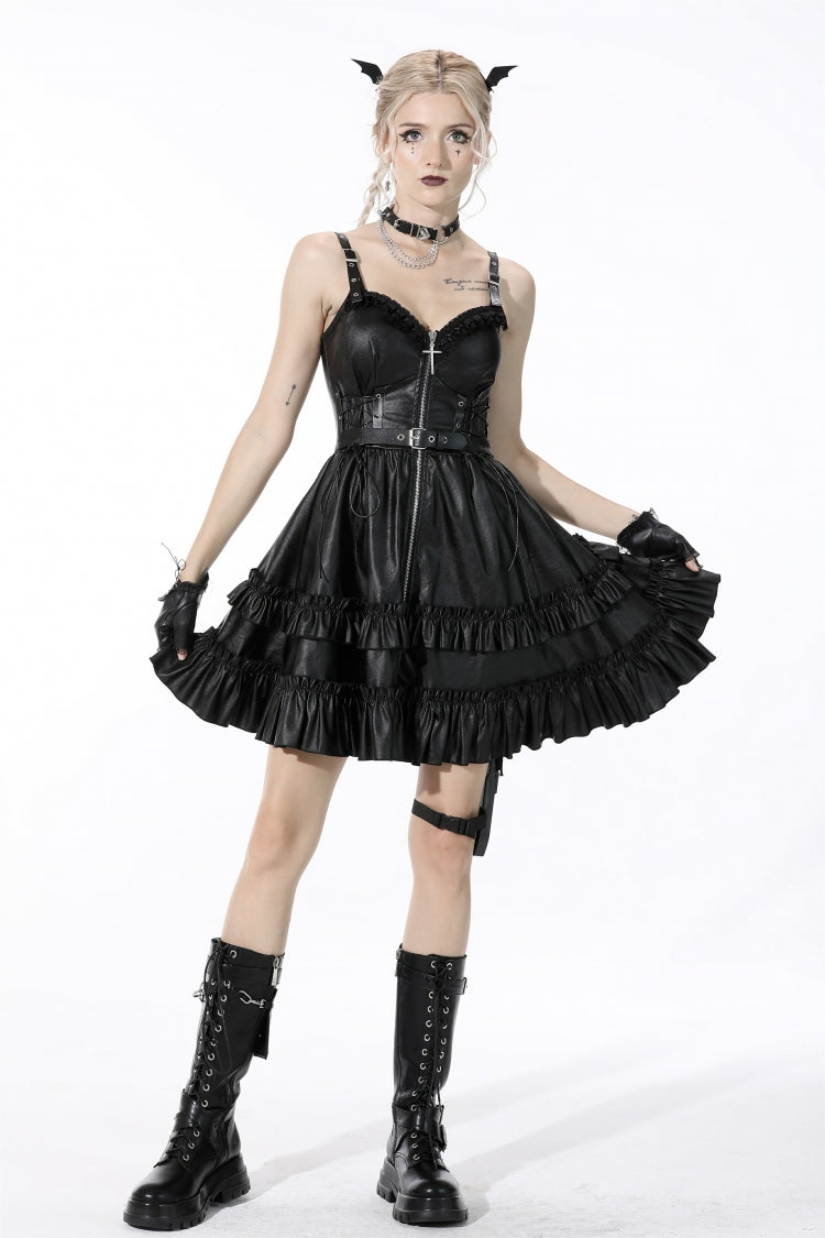 Black Sleeveless Layered Buckled Zippered Women's Gothic Faux Leather Strap Dress - Product - 7