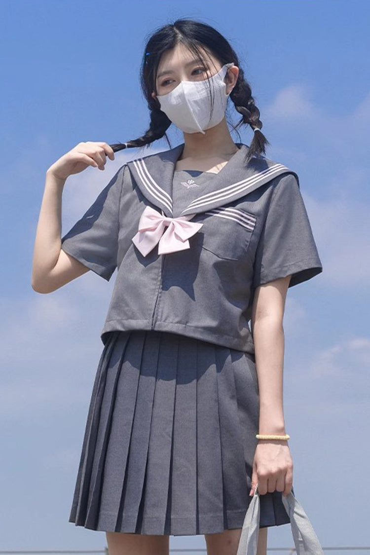 Grey Sweet College Style Navy Collar Japanese School Pleated Skirt - Product - 3