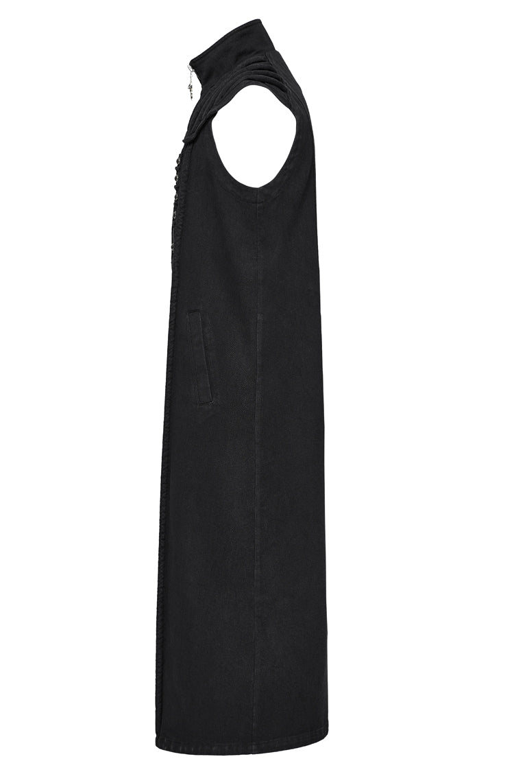 Black Stand Collar High Waisted Slim Men's Gothic Long Vest - Product - 6