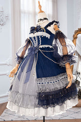 Blue Gorgeous Starry Sky Bowknot Pearl Chain Decoration Multi-Layer Ruffled Sweet Lolita JSK Tiered Dress - Product - 2