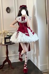 Red [Miss Tsundere] Sleeveless Multi-Layered Ruffle Bowknot Lace Asymmetric Sweet Princess Lolita Dress - Product - 4