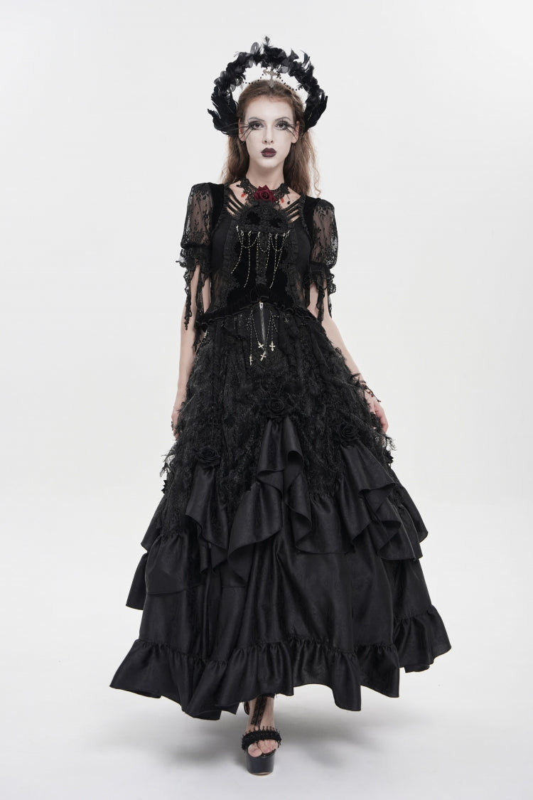 Black Women's Gothic Cross Rose Beaded Long Skirt Gorgeous Skirt - Product - 6