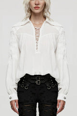 Women's Turn-down Collar Long Sleeves Lace Ruched Gothic Blouse 2 Colors - White - 1