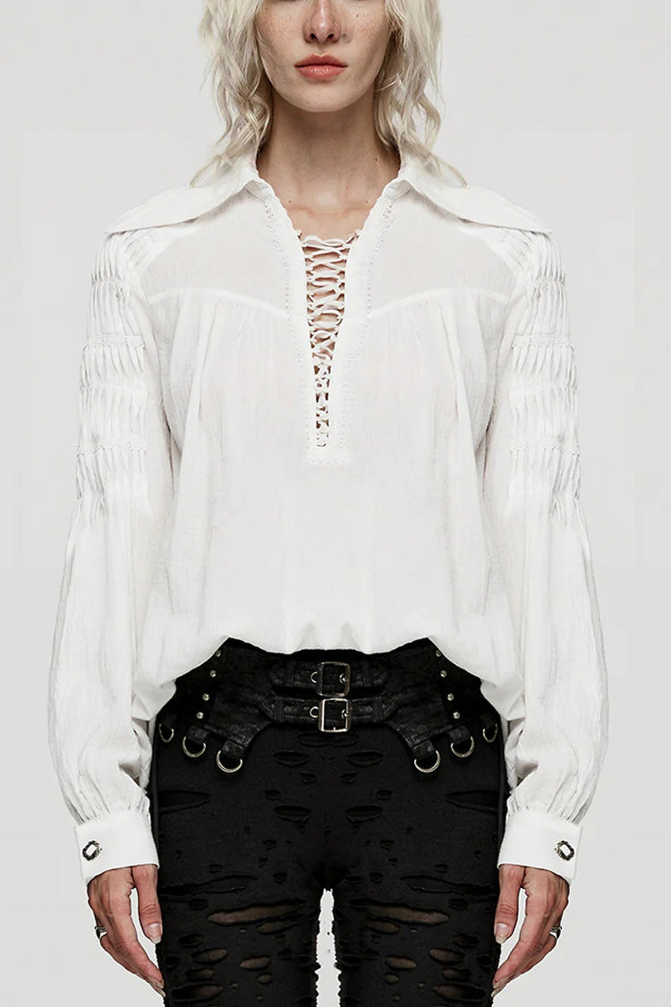 Women's Turn-down Collar Long Sleeves Lace Ruched Gothic Blouse 2 Colors - White - 1