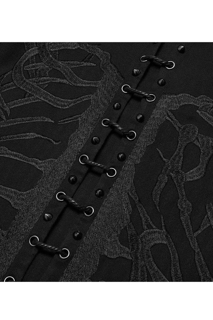 Black Punk Stand Collar Skeleton Embroidery Frenulum Metal Rivet Zippe Slim Fit Mid Length Men's Coat - Product - 7