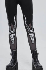 Black Gothic Stretch Knitted Fabric Spliced Mesh Devil Sheep Head Pattern Printing Women's Leggings - Product - 2