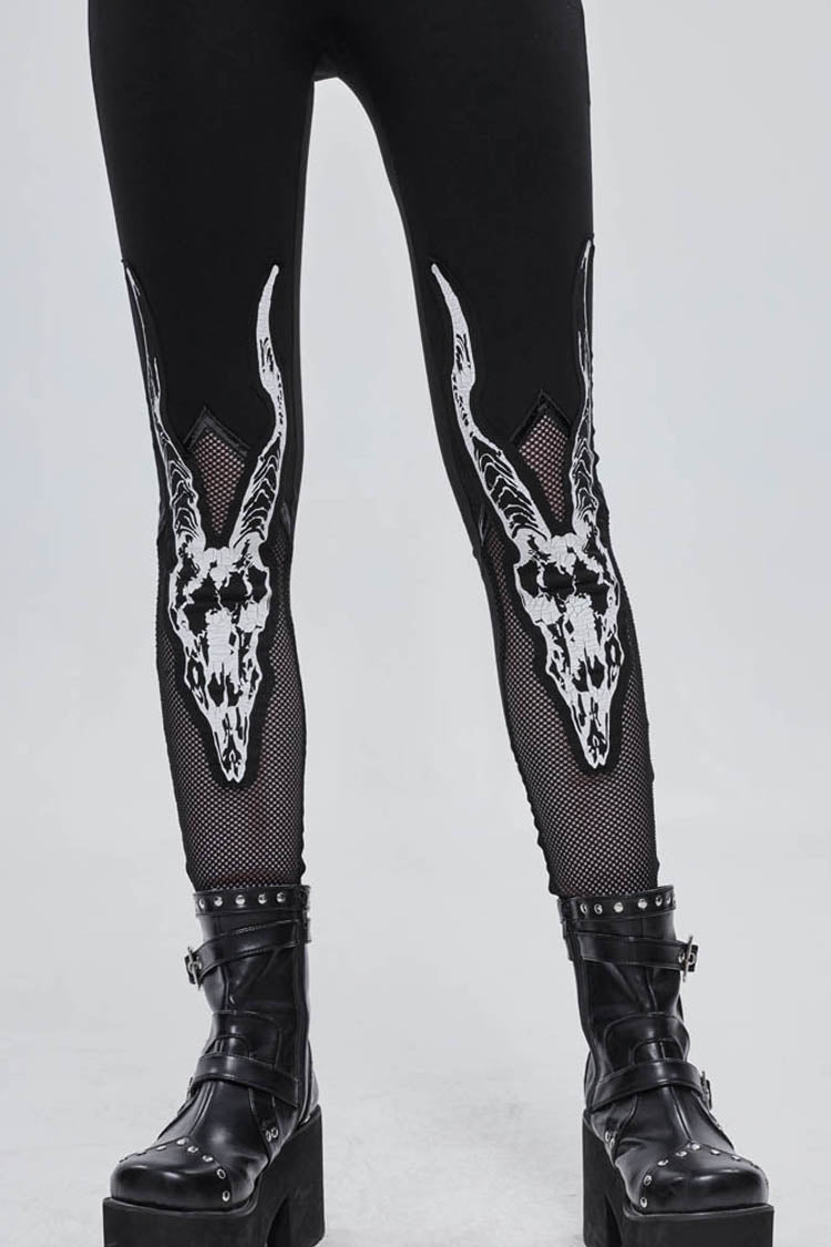 Black Gothic Stretch Knitted Fabric Spliced Mesh Devil Sheep Head Pattern Printing Women's Leggings - Product - 2