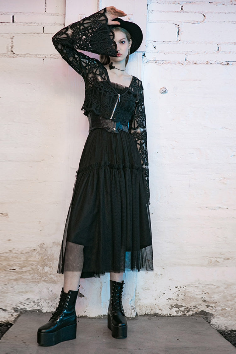 Black Metal Pendant Hollow Lace Lace-Up Women's Gothic Blouse - Product - 5