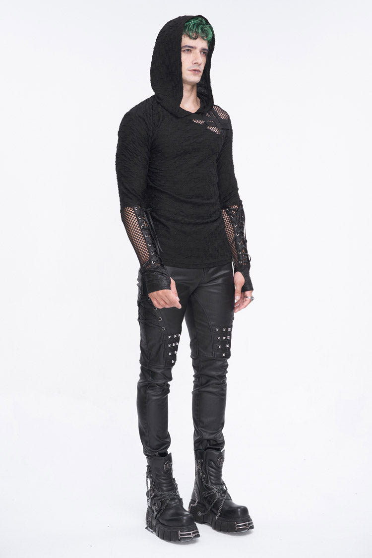 Black Lace Up Mesh Splice Long Sleeve Men's Punk Hoodies - Product - 7