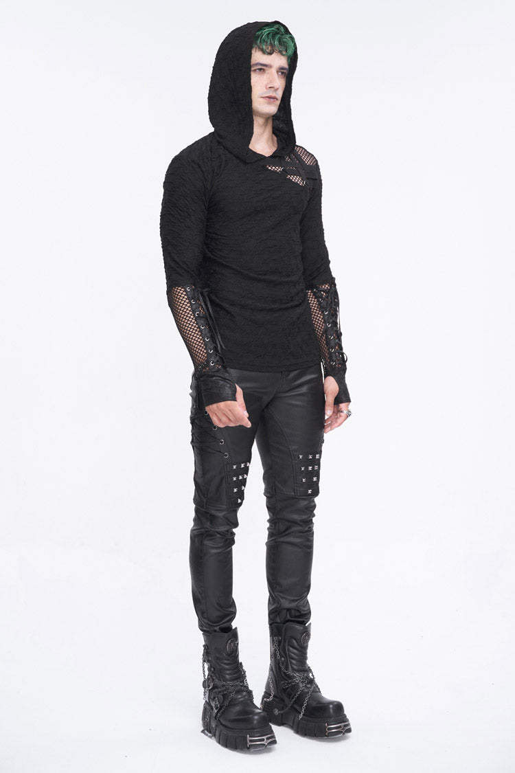 Black Lace Up Mesh Splice Long Sleeve Men's Punk Hoodies - Product - 7