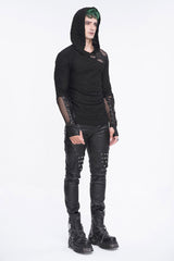 Black Lace Up Mesh Splice Long Sleeve Men's Punk Hoodies - Product - 7