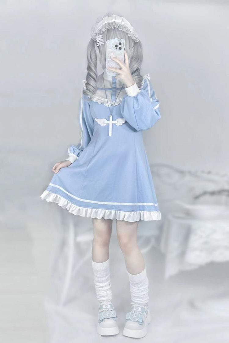 Blue Cross Angel Long Sleeves Ruffle Sweet Jirai Kei Japanese Dress - Product - 4