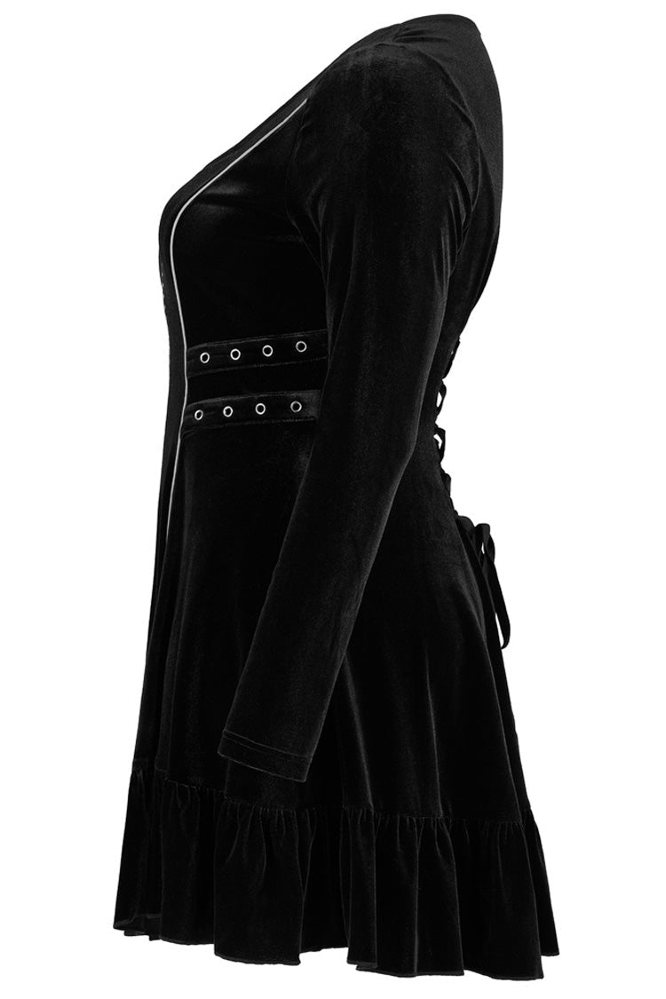 Black Stretch-Velvet Chain Print Decoration Webbing Long Sleeve Straps Women's Plus Size Gothic Dress - Product - 6