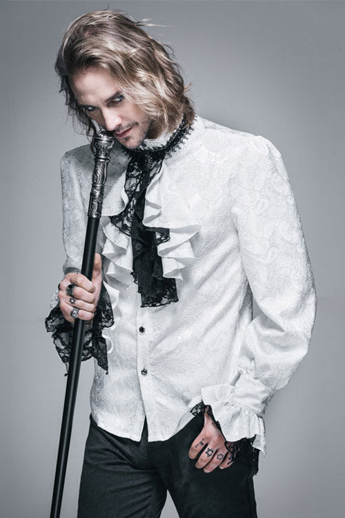 White Shining Rose Print Lace Cuff Mens Gothic Blouse - Product - 2