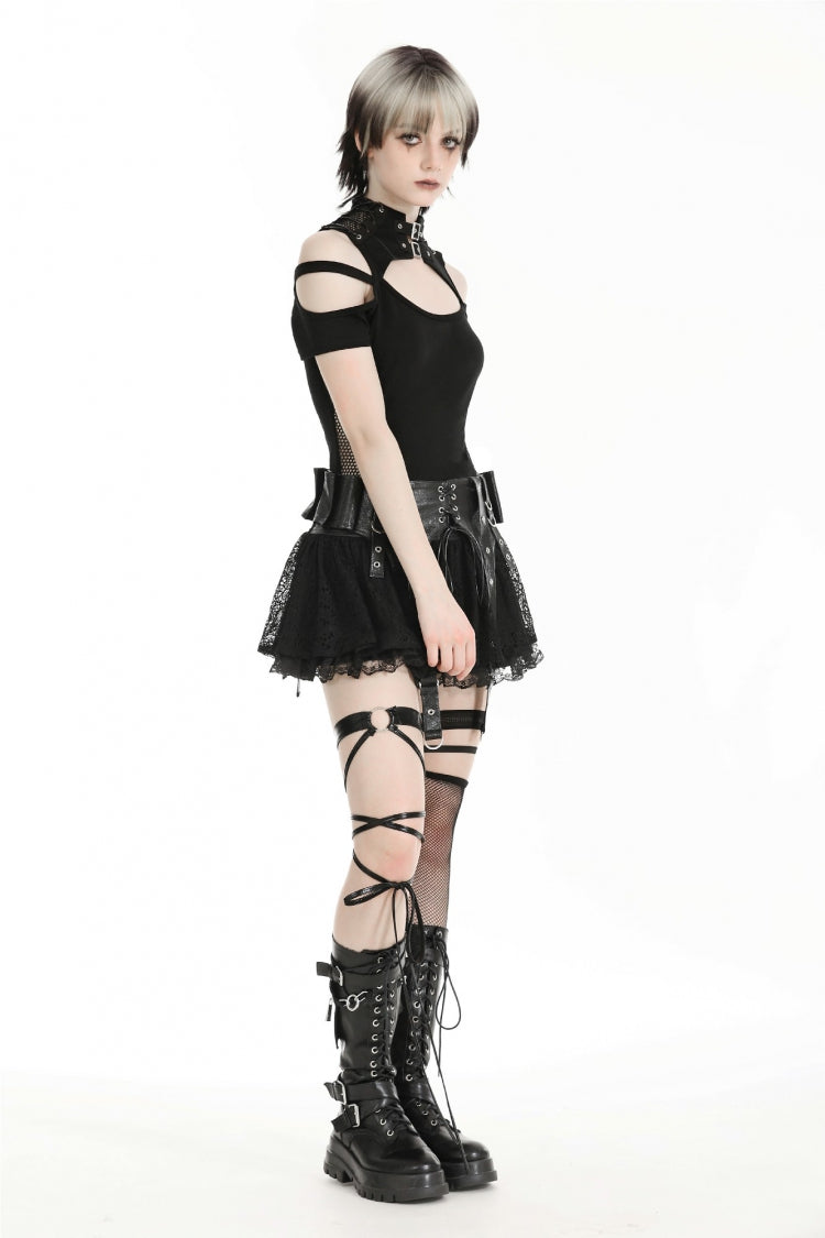 Black Faux Leather Spliced Lace Lace-Up Women's Punk Mini Skirt - Product - 11