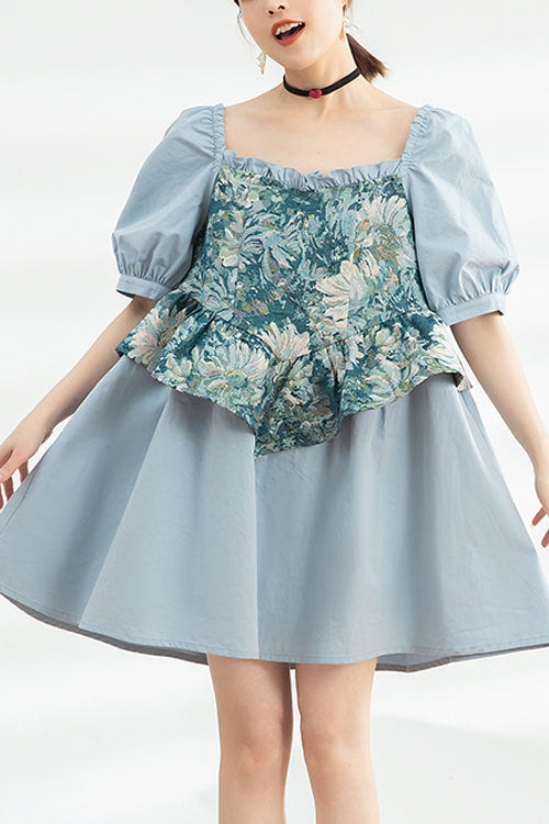 Blue Square Collar Ruffled Oil Painting Patchwork Short Sleeves High Waisted Sweet Lolita Dress - Blue - 1