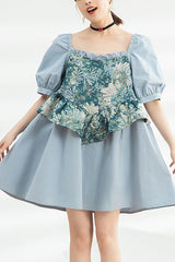 Blue Square Collar Ruffled Oil Painting Patchwork Short Sleeves High Waisted Sweet Lolita Dress - Blue - 1