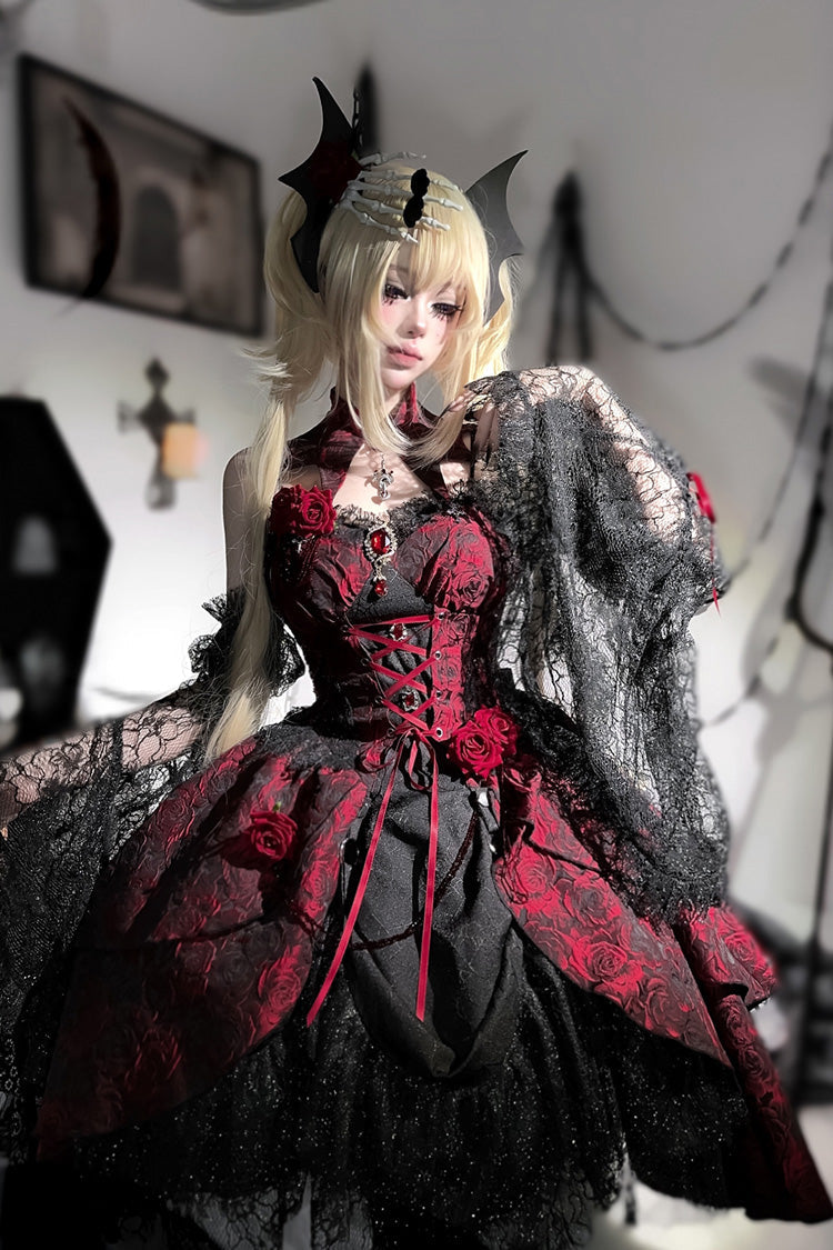 Red [Rose Dish] Ruffle Embroidery Cardigan Bowknot Lace-Up Gothic Lolita Jsk Dress - Product - 7